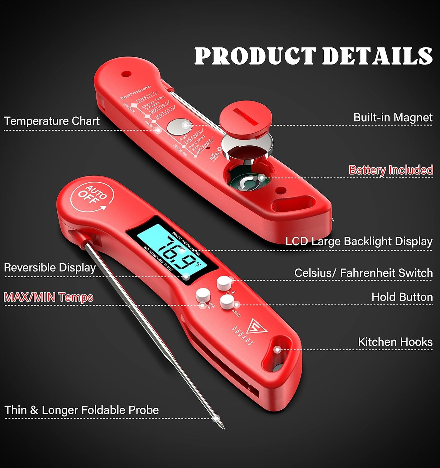 Digital Meat Thermometer, Instant Read Food Thermometer for Cooking with Backlit & Auto-Rotating Display, 4.6” Probe for Grilling, Baking, and Perfect BBQ