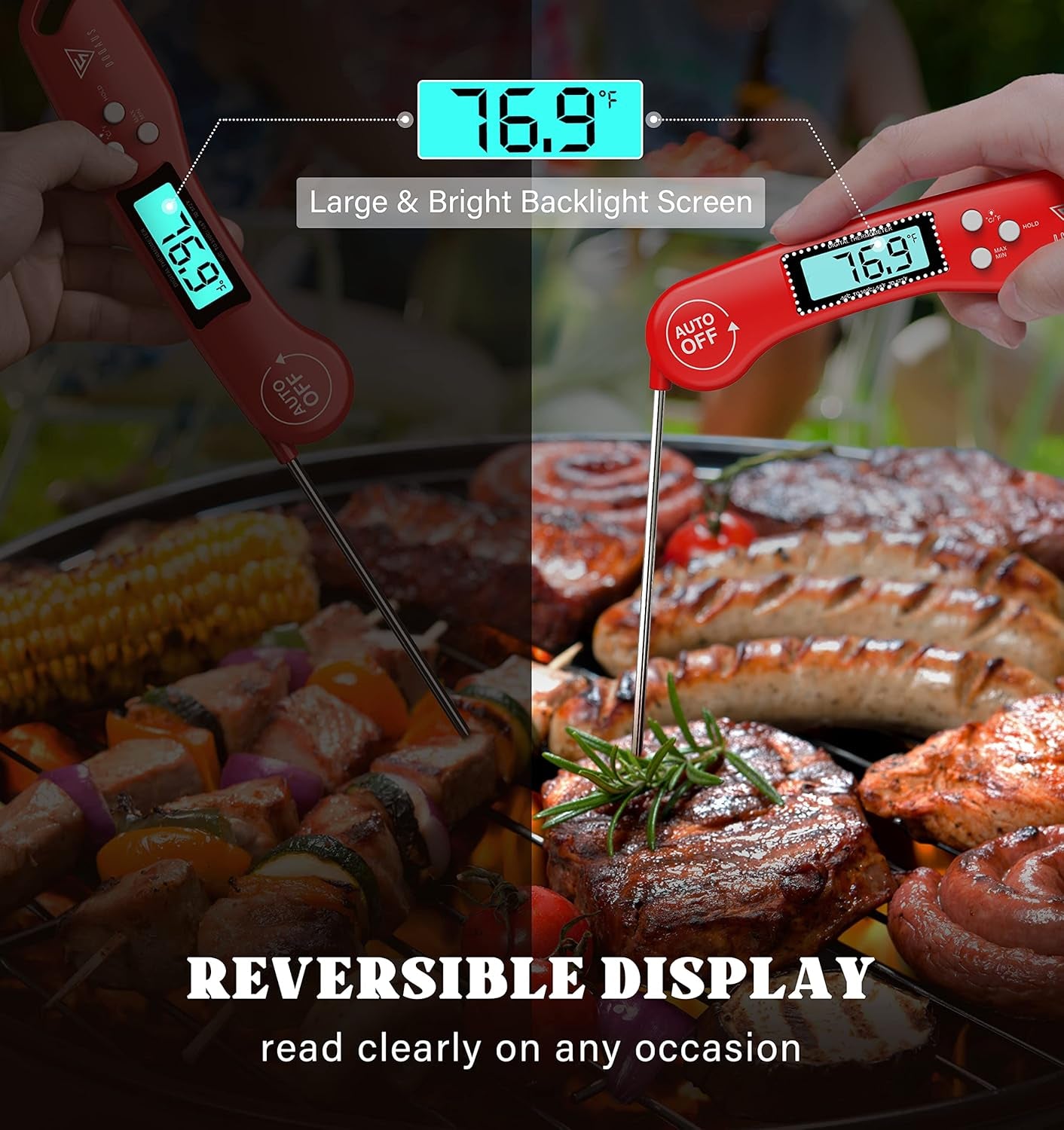 Digital Meat Thermometer, Instant Read Food Thermometer for Cooking with Backlit & Auto-Rotating Display, 4.6” Probe for Grilling, Baking, and Perfect BBQ